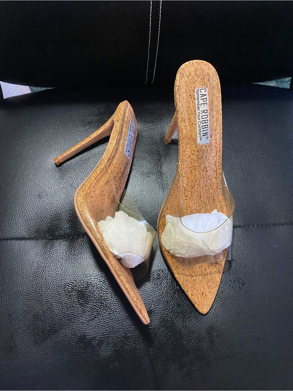 Cape Robbin Tan Cork Pointed Stiletto Mules Clear Strap Size 9
